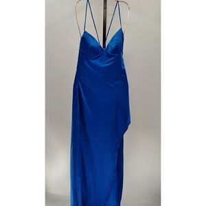 Electric Blue Satin Dress With Thigh Slit And Lace Up Back